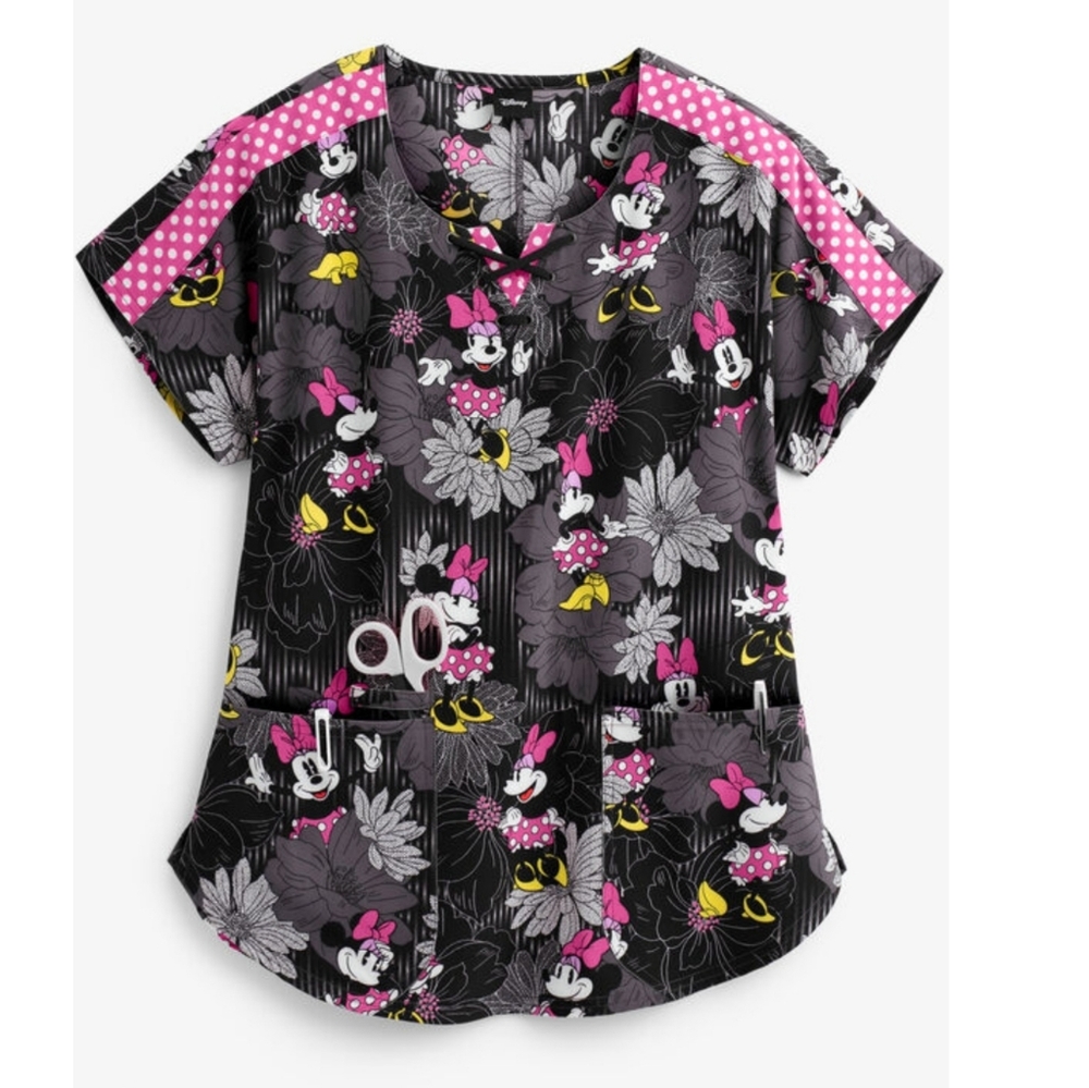 Disney Minnie Mouse Black and Pink Floral Scrub Top Small